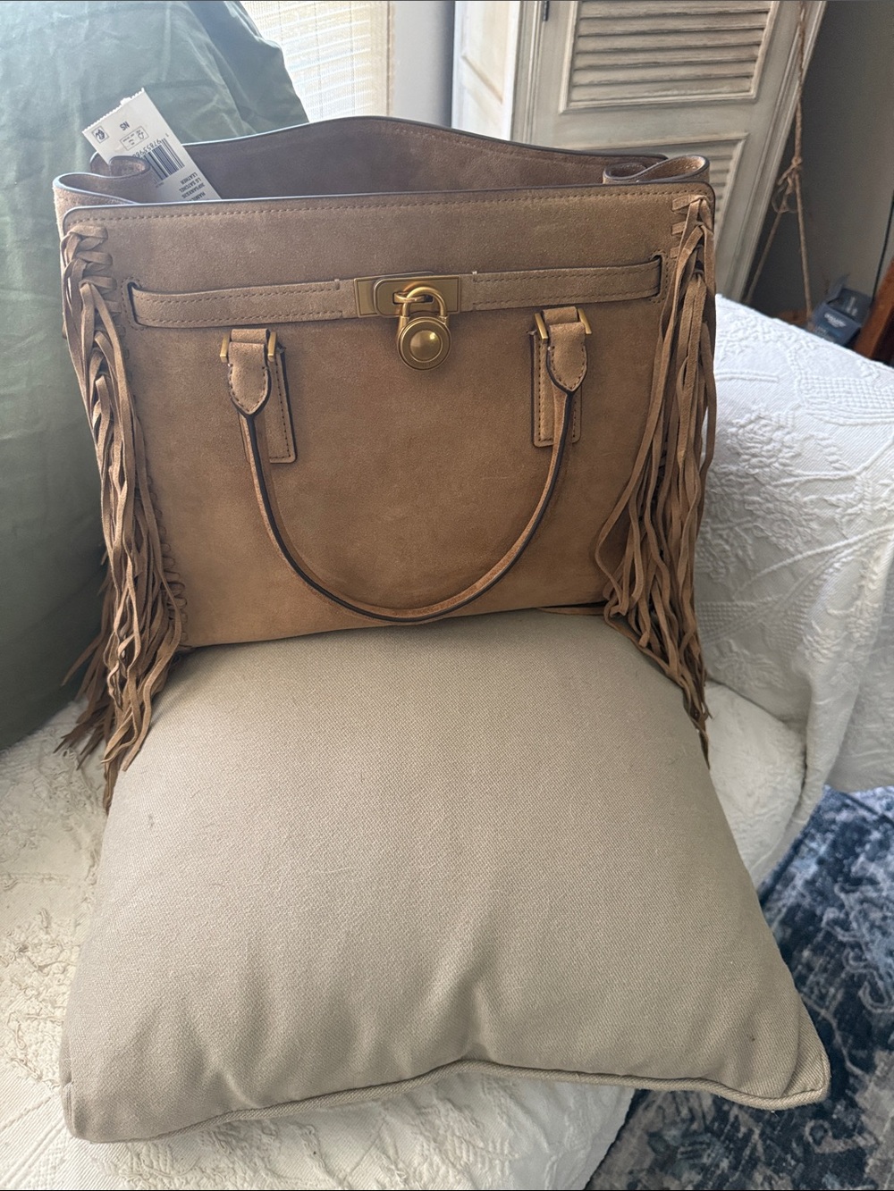 MK Large Fringe Satchel Handbag in Husk - Suede-Style Women’s Bag